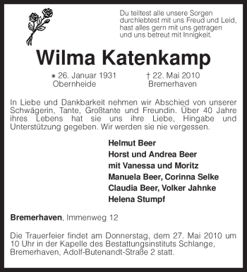 Traueranzeige von Wilma Katenkamp von KREISZEITUNG SYKE