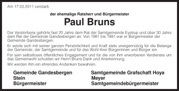 Traueranzeige von Paul Bruns von KREISZEITUNG SYKE