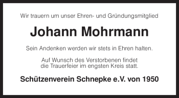 Traueranzeige von Johann Mohrmann von KREISZEITUNG SYKE