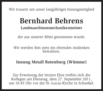 Traueranzeige von Bernhard Behrens von KREISZEITUNG SYKE