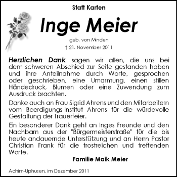 Traueranzeige von Inge Meier von KREISZEITUNG SYKE