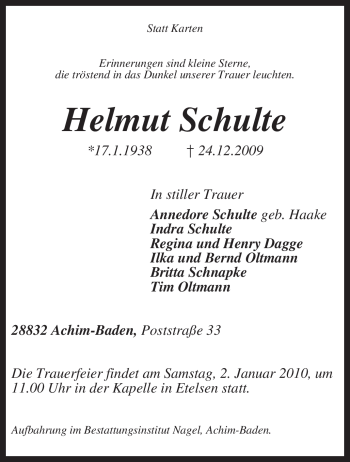 Traueranzeige von Helmut Schulte von KREISZEITUNG SYKE