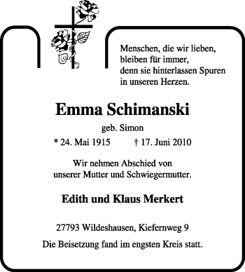 Traueranzeige von Emma Schimanski von KREISZEITUNG SYKE