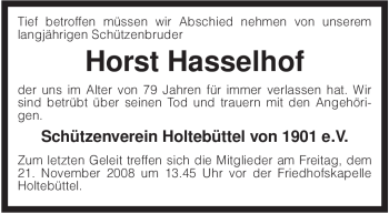 Traueranzeige von Horst Hasselhof von KREISZEITUNG SYKE