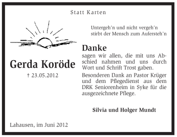 Traueranzeige von Gerda Koröde von KREISZEITUNG SYKE