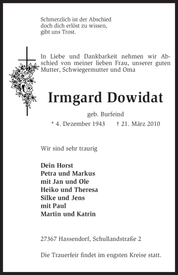 Traueranzeige von Irmgard Dowidat von KREISZEITUNG SYKE