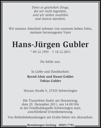 Traueranzeige von Hans-Jürgen Gubler von KREISZEITUNG SYKE