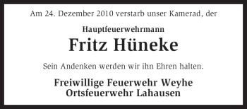 Traueranzeige von Fritz Hüneke von KREISZEITUNG SYKE