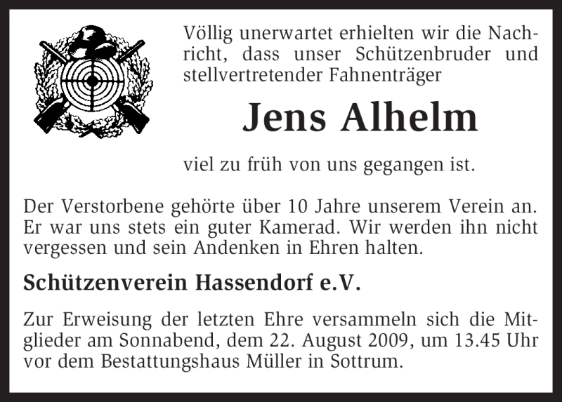  Traueranzeige für Jens Alhelm vom 20.08.2009 aus KREISZEITUNG SYKE