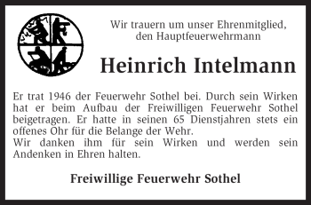 Traueranzeige von Heinrich Intelmann von KREISZEITUNG SYKE