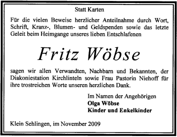 Traueranzeige von Fritz Wöbse von KREISZEITUNG SYKE