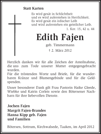 Traueranzeige von Edith Fajen von KREISZEITUNG SYKE