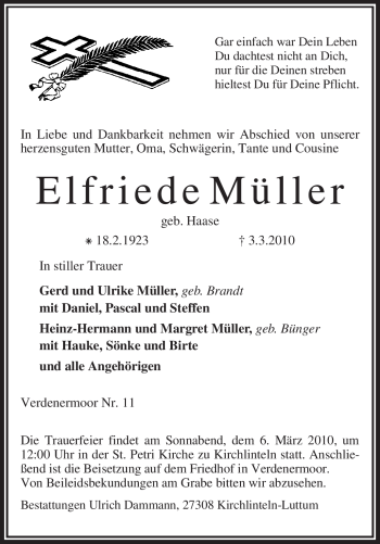 Traueranzeige von Elfriede Müller von KREISZEITUNG SYKE