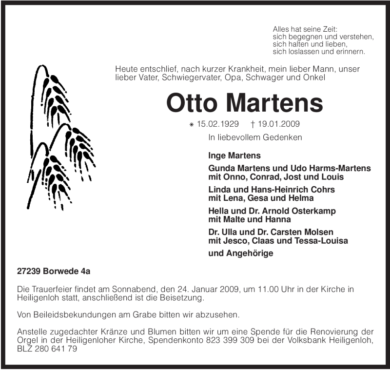  Traueranzeige für Otto Martens vom 21.01.2009 aus KREISZEITUNG SYKE