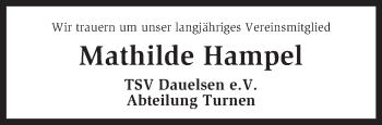 Traueranzeige von Mathilde Hampel von KRZ