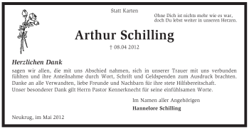 Traueranzeige von Arthur Schilling von KREISZEITUNG SYKE