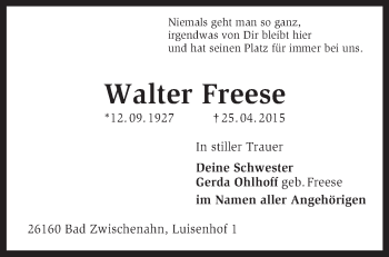 Traueranzeige von Walter Freese von KRZ