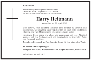 Traueranzeige von Harry Heitmann von KREISZEITUNG SYKE