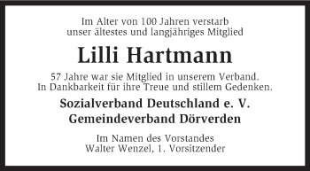 Traueranzeige von Lilli Hartmann von KRZ