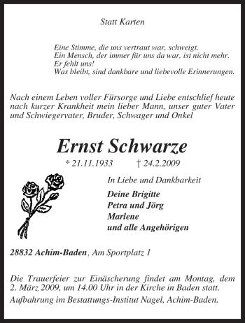 Traueranzeige von Ernst Schwarze von KREISZEITUNG SYKE
