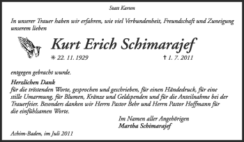 Traueranzeige von Kurt Erich Schimarajef von KREISZEITUNG SYKE