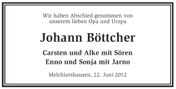 Traueranzeige von Johann Böttcher von KREISZEITUNG SYKE