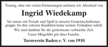 Traueranzeige von Ingrid Wiedekamp von KREISZEITUNG SYKE