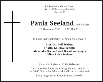 Traueranzeige von Paula Seeland von KREISZEITUNG SYKE