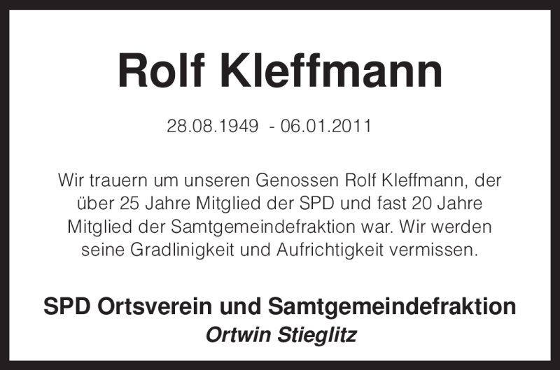  Traueranzeige für Rolf Kleffmann vom 11.01.2011 aus KREISZEITUNG SYKE