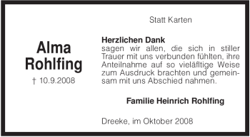 Traueranzeige von Alma Rohlfing von KREISZEITUNG SYKE