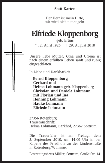 Traueranzeige von Elfriede Kloppenborg von KREISZEITUNG SYKE