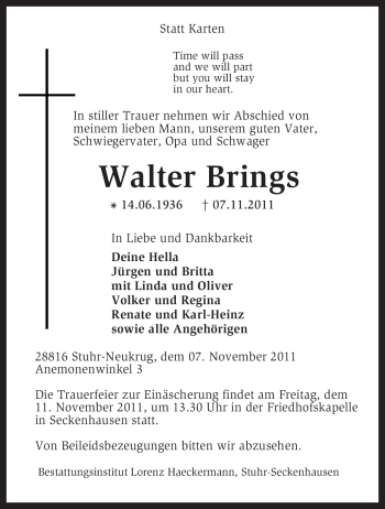 Traueranzeige von Walter Brings von KREISZEITUNG SYKE