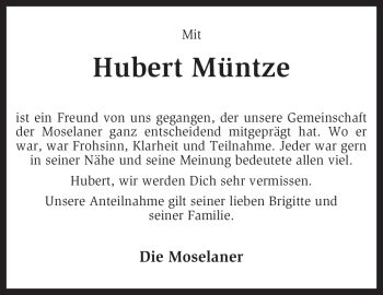 Traueranzeige von Hubert Müntze von KREISZEITUNG SYKE