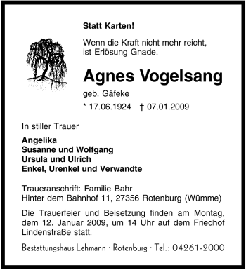 Traueranzeige von Agnes Vogelsang von KREISZEITUNG SYKE