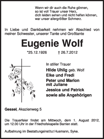 Traueranzeige von Eugenie Wolf von KREISZEITUNG SYKE