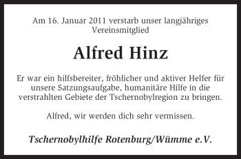 Traueranzeige von Alfred Hinz von KREISZEITUNG SYKE