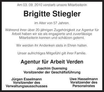 Traueranzeige von Brigitte Stiegler von KREISZEITUNG SYKE