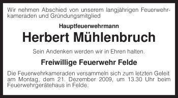 Traueranzeige von Herbert Mühlenbruch von KREISZEITUNG SYKE