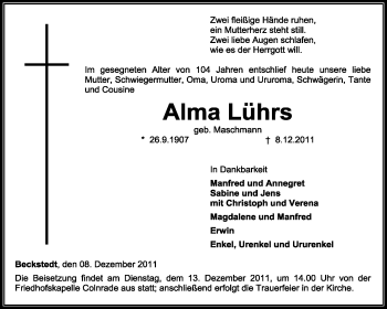 Traueranzeige von Alma Lührs von KREISZEITUNG SYKE