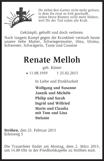 Traueranzeige von Renate Melloh von KRZ