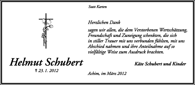  Traueranzeige für Helmut Schubert vom 03.03.2012 aus KREISZEITUNG SYKE
