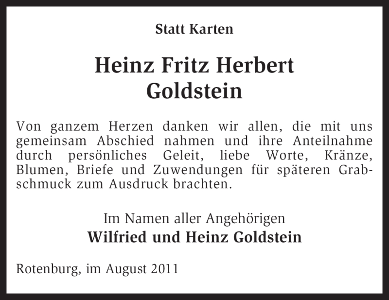 Traueranzeige für Heinz Fritz Herbert Goldstein vom 06.08.2011 aus KREISZEITUNG SYKE