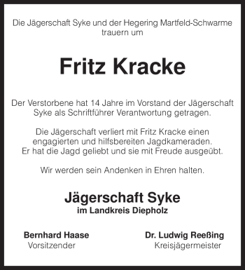 Traueranzeige von Fritz Kracke von KREISZEITUNG SYKE