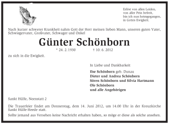 Traueranzeige von Günter Schönborn von KREISZEITUNG SYKE