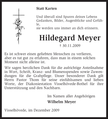 Traueranzeige von Hildegard Meyer von KREISZEITUNG SYKE