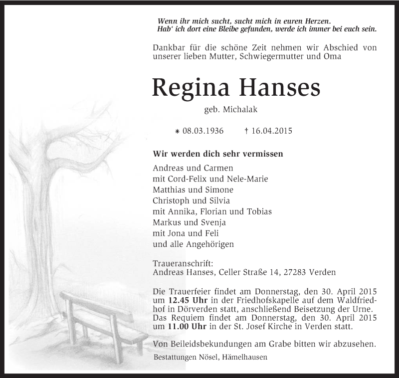  Traueranzeige für Regina Hanses vom 24.04.2015 aus KRZ