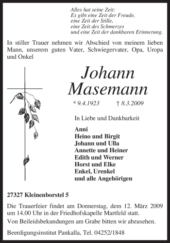 Traueranzeige von Johann Masemann von KREISZEITUNG SYKE