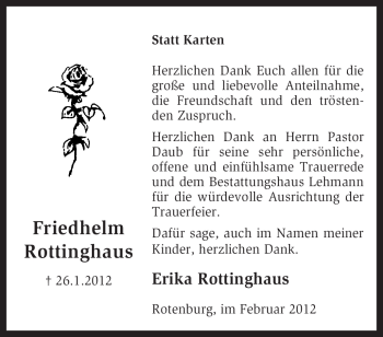 Traueranzeige von Friedhelm Rottinghaus von KREISZEITUNG SYKE