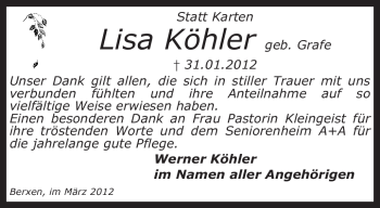 Traueranzeige von Lisa Köhler von KREISZEITUNG SYKE