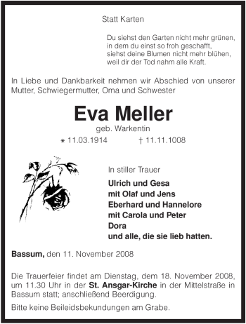 Traueranzeige von Eva Meller von KREISZEITUNG SYKE